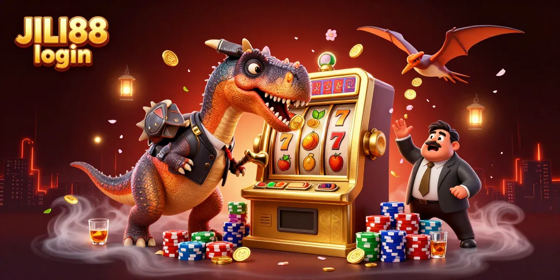 Experience thrilling JILI88 login action with a pachycephalosaurus at the slot machine, amidst vibrant casino elements.