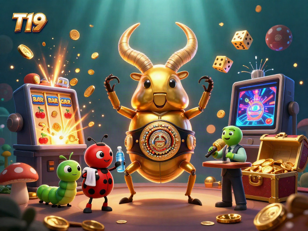 Experience the T19 casino world with vibrant characters and jackpot excitement in this dynamic 3D illustration.