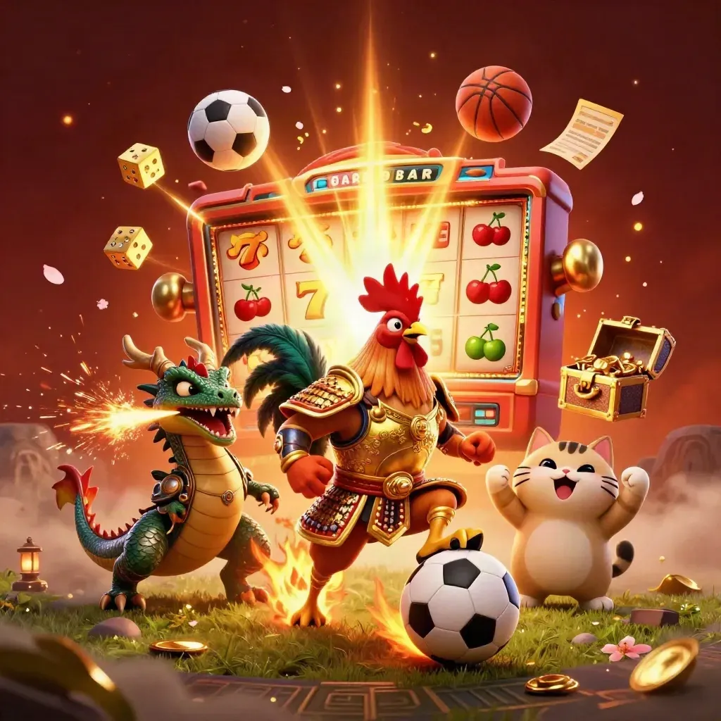 Rooster warrior, dragon hatchling, and fortune-cat amid exploding casino symbols and a flying soccer ball.