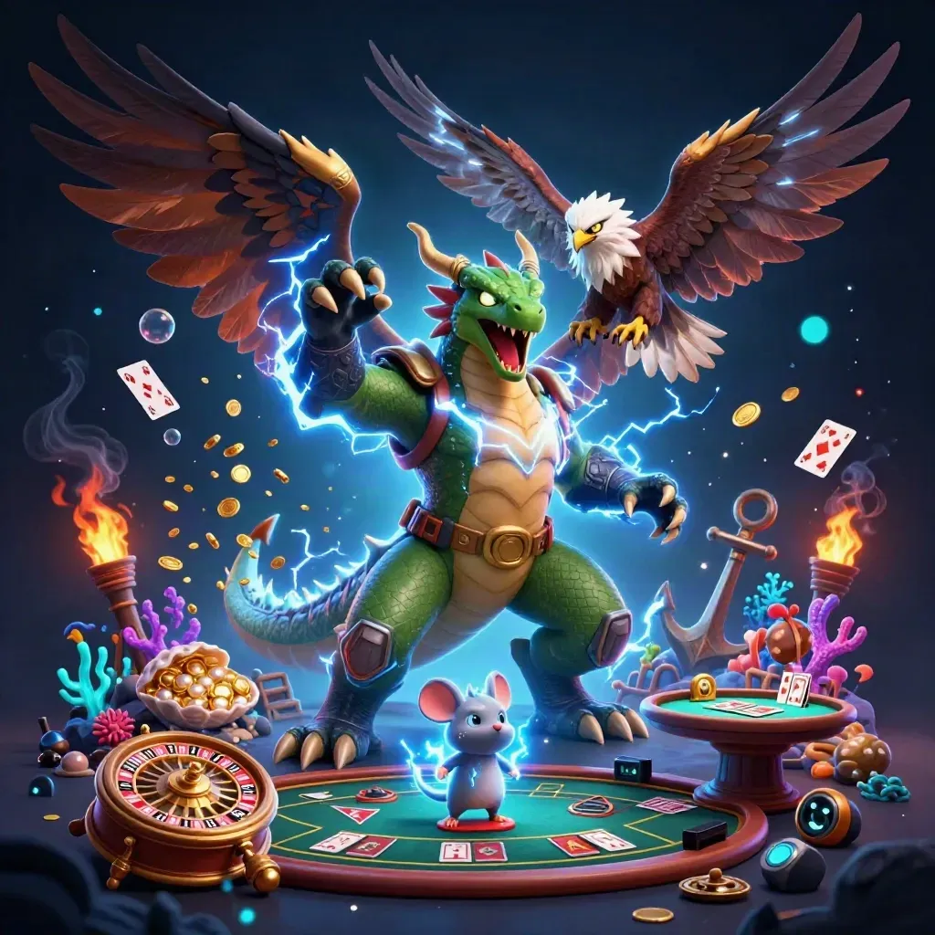 Thunder dragon with hawk and mouse amid treasure cove casino magic, blue lightning and gold glow