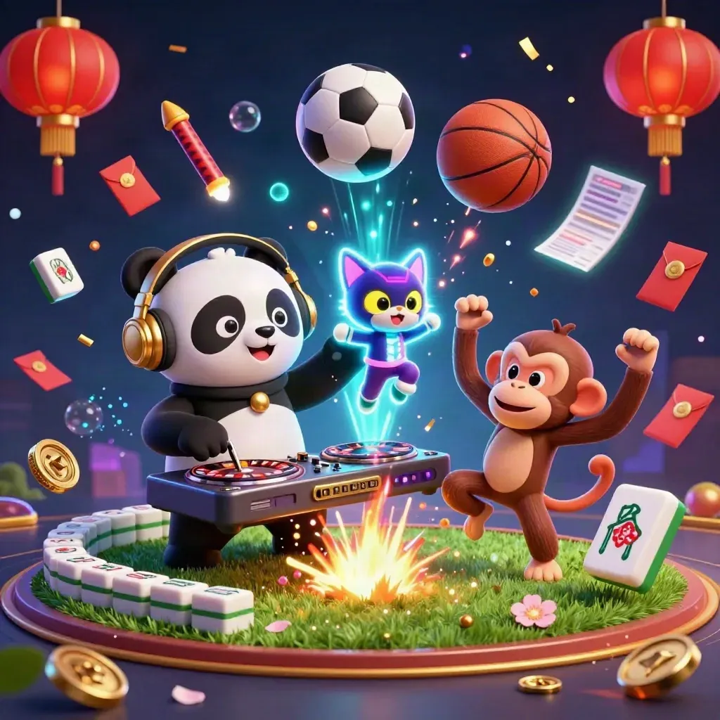 Panda DJ, dancing monkey, glow-stick kitten, casino balls and neon effects in a tactical splash scene
