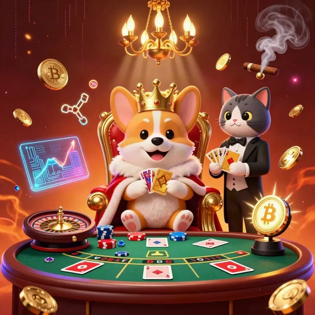 Royal corgi king and cat butler amid neon coins, roulette, and crimson casino luxury