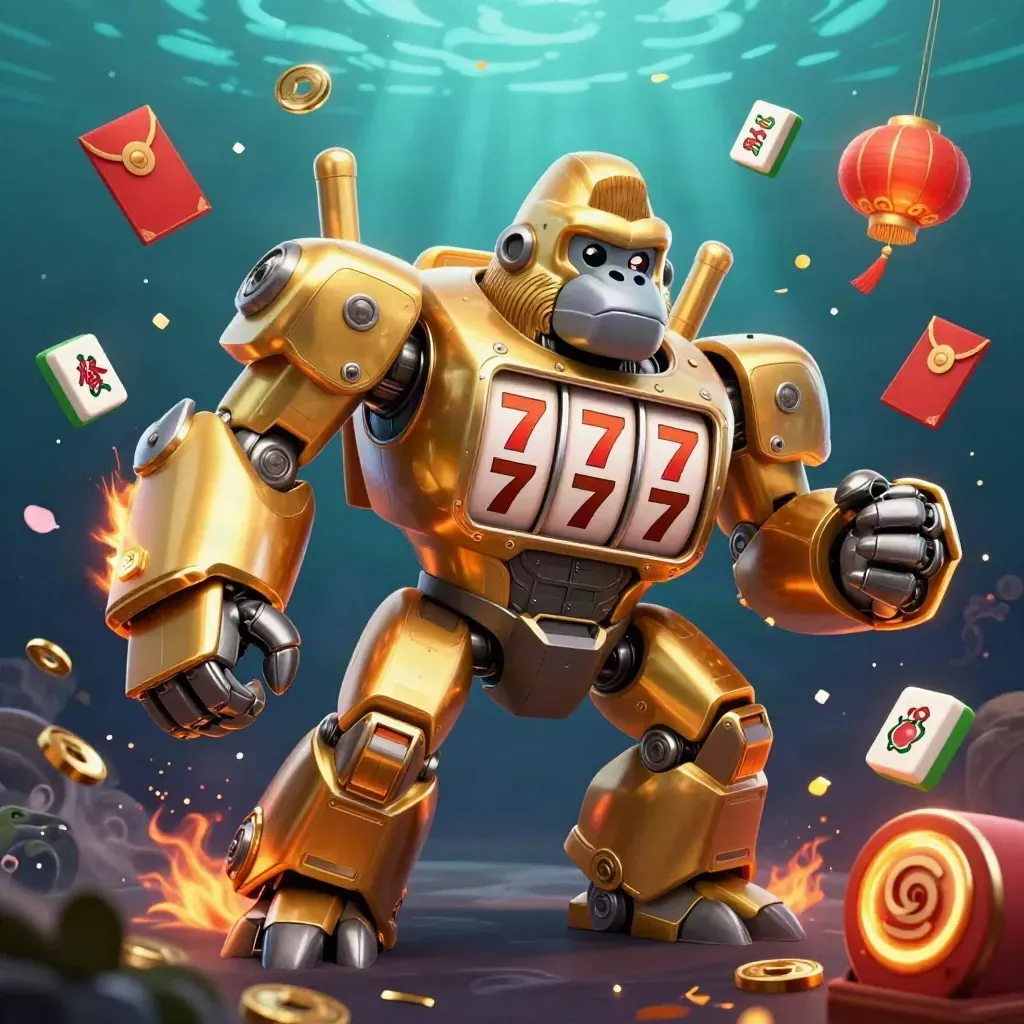 Golden gorilla slot-mech with monkey pilot, coins, lanterns, and gems bursting underwater