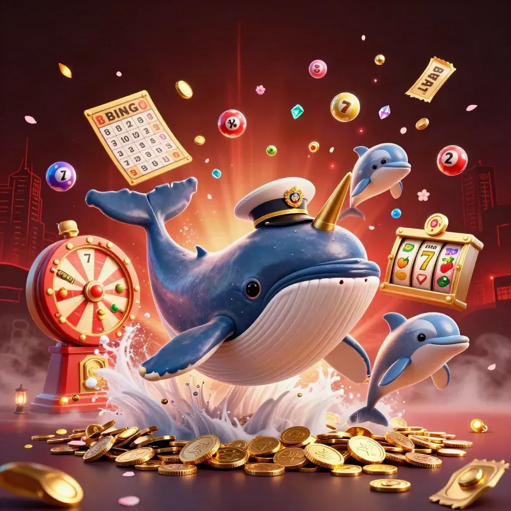 Whale captain, narwhal and dolphins burst from coins amid casino loot and red neon glow