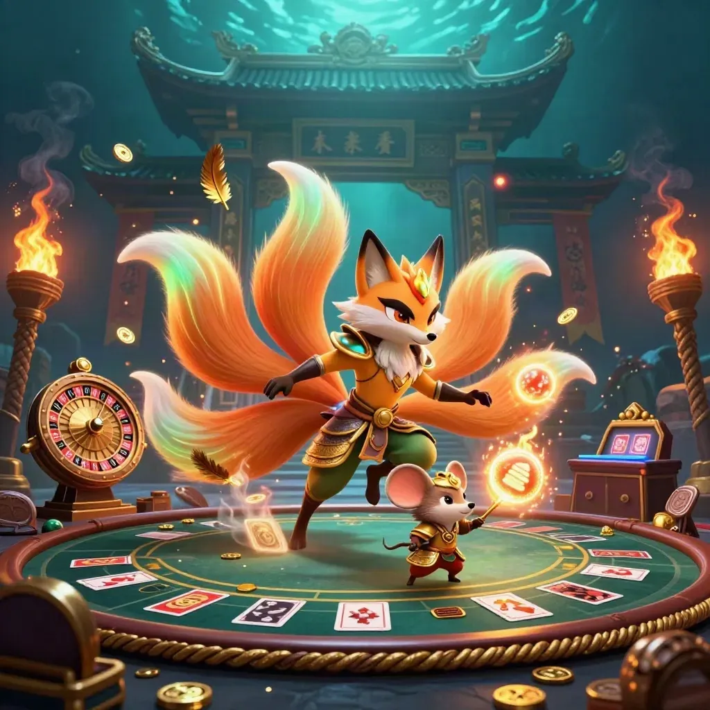 Neon fox spirit and armored samurai mouse amid casino-temple lights, spinning wheel, smoke, and gold