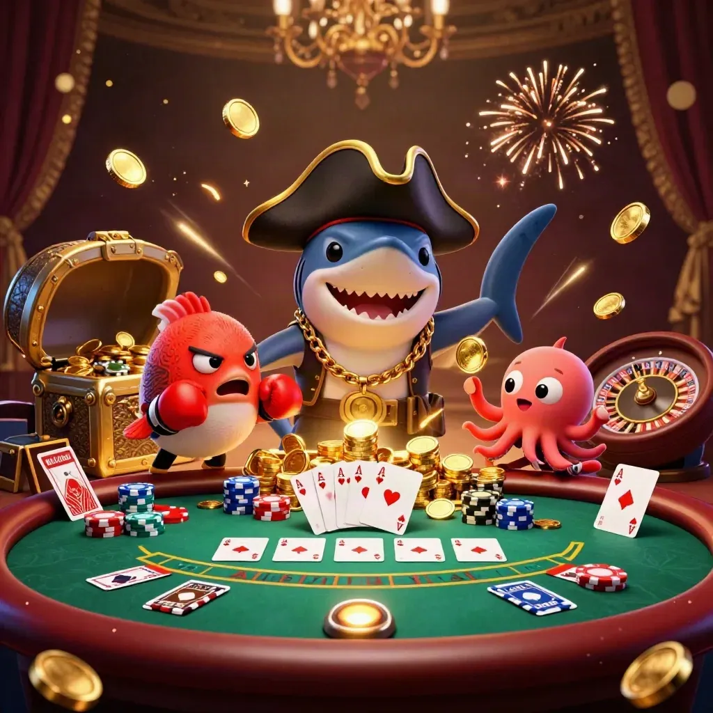 Pirate shark, boxing pufferfish, and coin-juggling octopus amid casino gold, chips, cards, and fireworks.