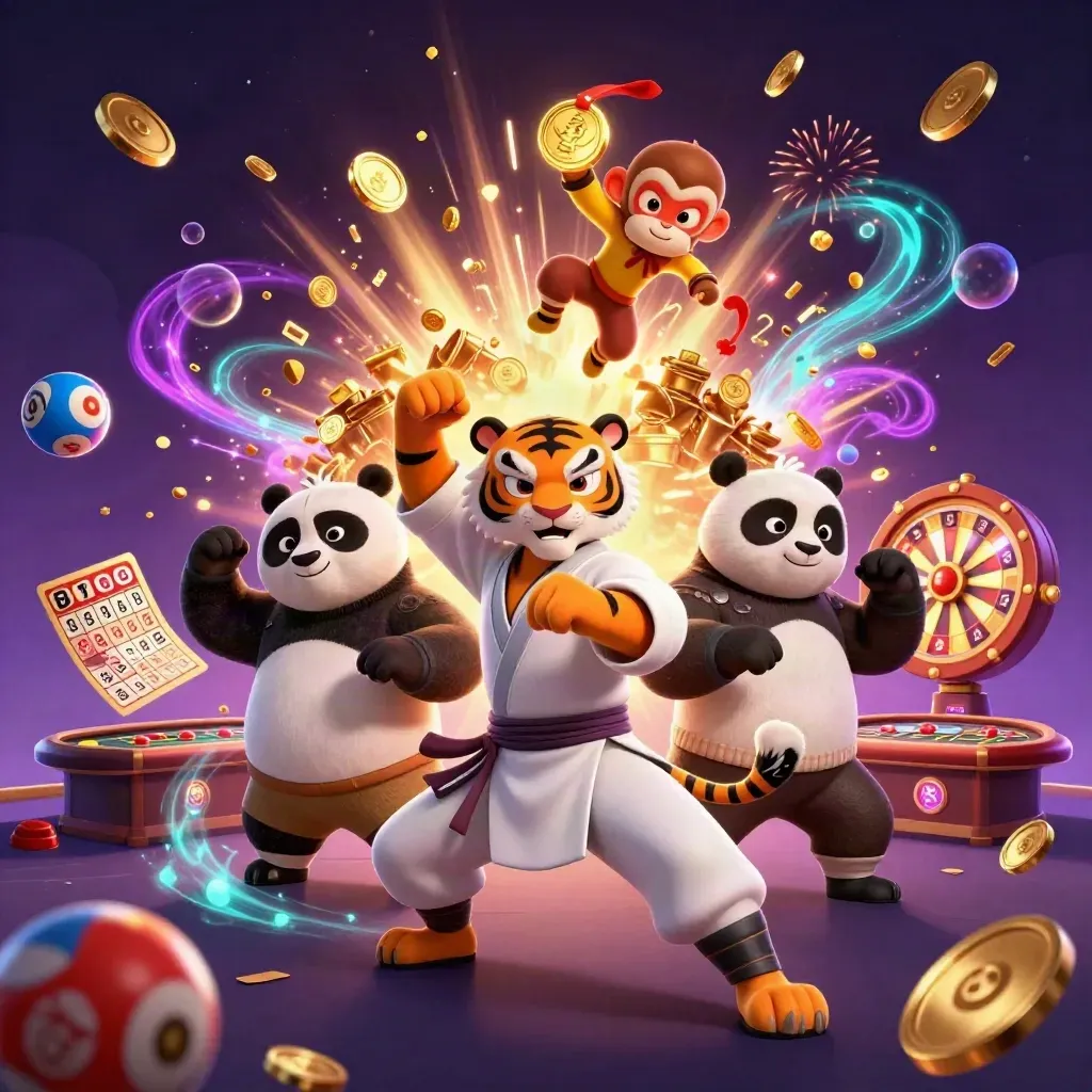 Tiger, panda, and monkey celebrate amid coins, fireworks, roulette, bingo, and casino magic.