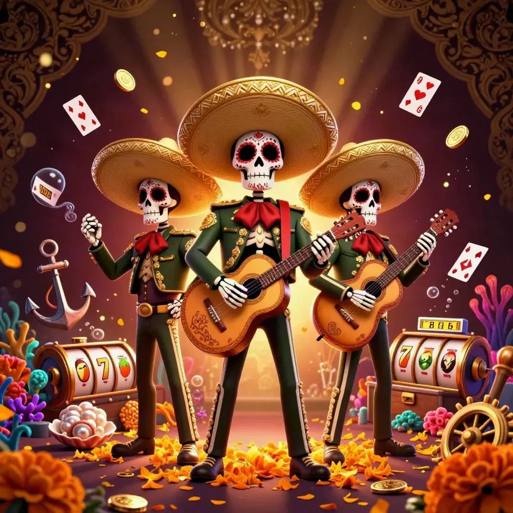 Skeleton mariachi trio with coins, coral, cards, and casino effects on dark burgundy