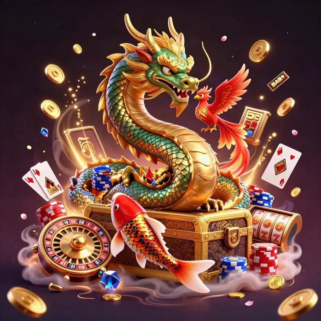 Golden dragon, phoenix and koi amid casino coins, chips, reels and purple magic glow