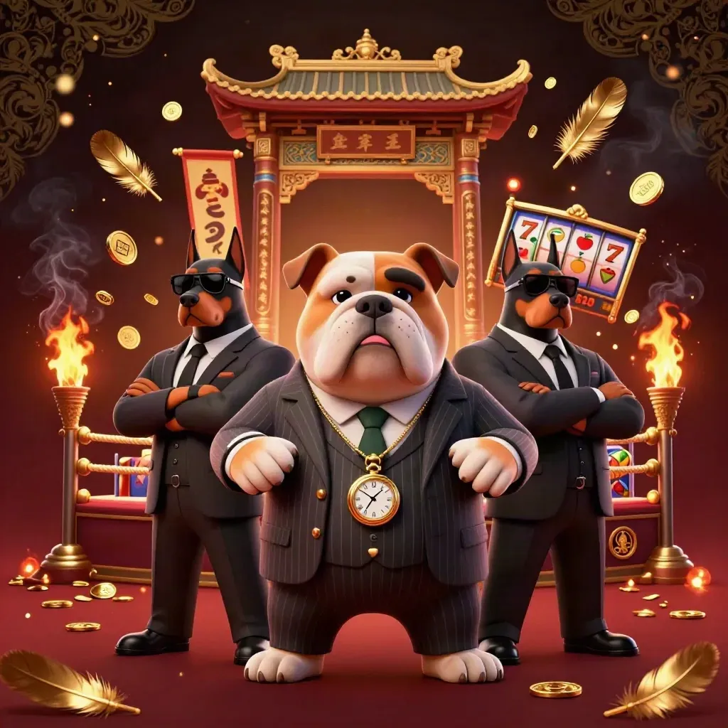 Bulldog boss and two doberman guards amid gold coins, temple gate, reels, and embers.