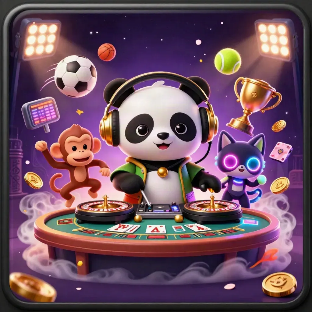 DJ panda, dancing monkey, and rave kitten amid casino props and neon effects