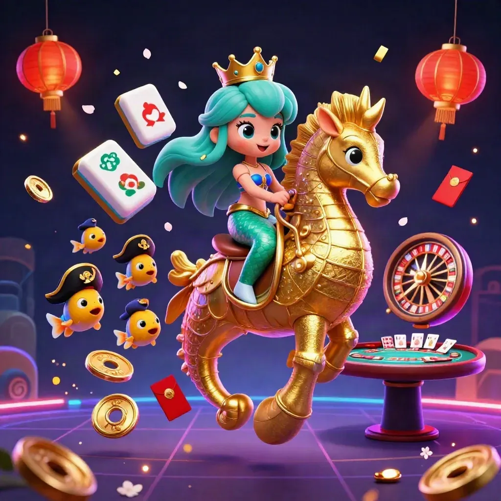 Mermaid princess on armored seahorse amid casino relics, neon sparks, and military luxe glow