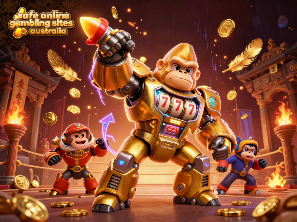 Experience the excitement of safe online gambling sites australia with a golden gorilla mech surrounded by casino elements.