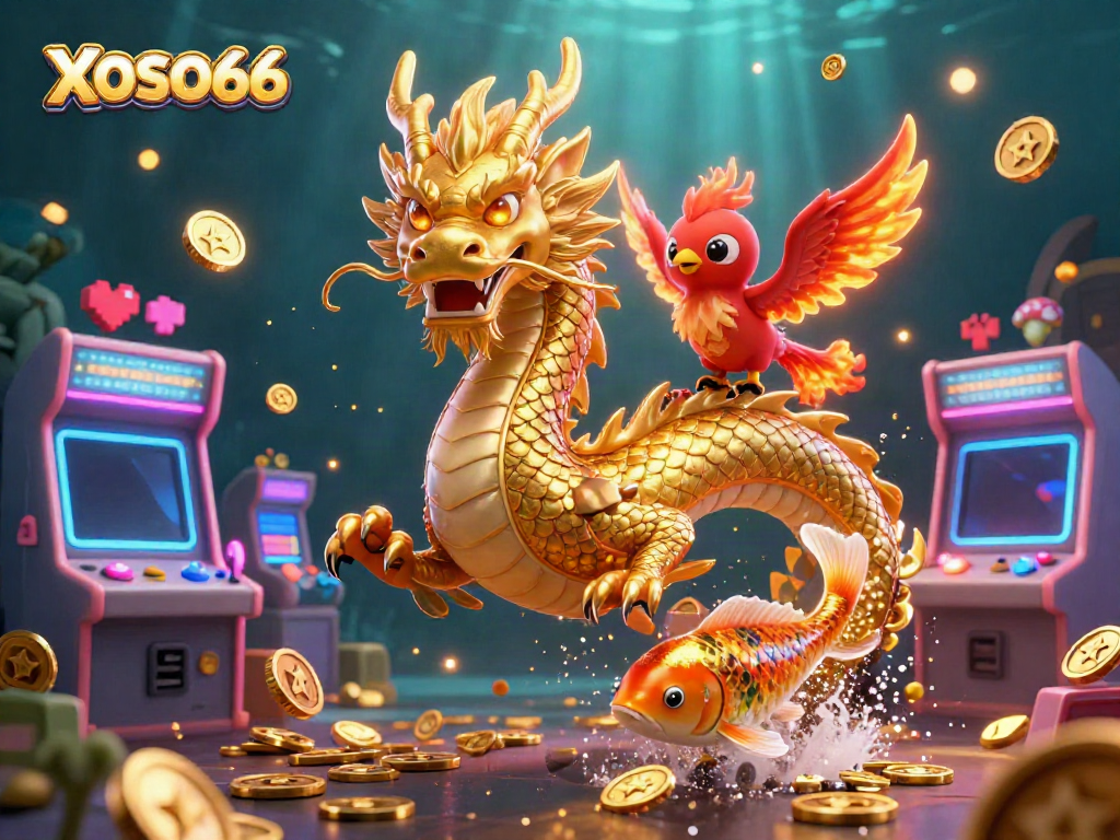 XOSO66 showcases a fierce dragon, phoenix, and koi fish in a vibrant gaming illustration, embodying excitement.