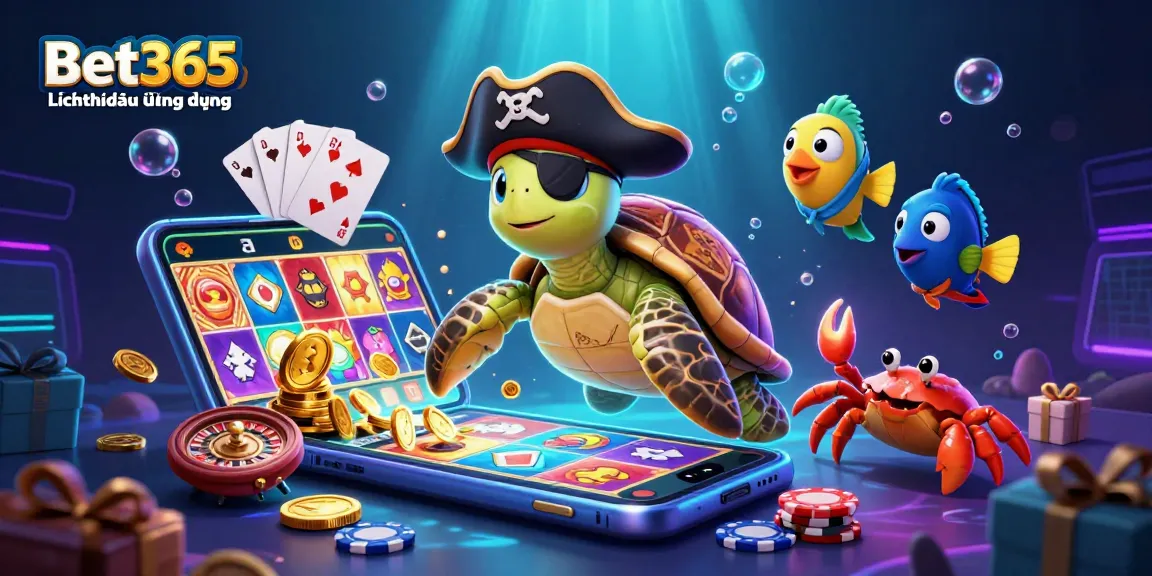 Engage with Bet365Lịchthiđấuứngdụng as a vibrant 3D illustration featuring gambling elements and characters.