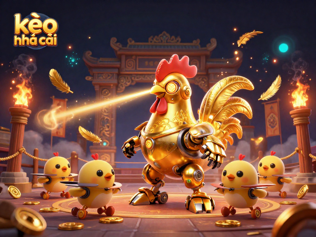 Watch the golden rooster robot and baby chick drones as they engage in thrilling kèo nhà cái action amidst a vibrant casino atmosphere.