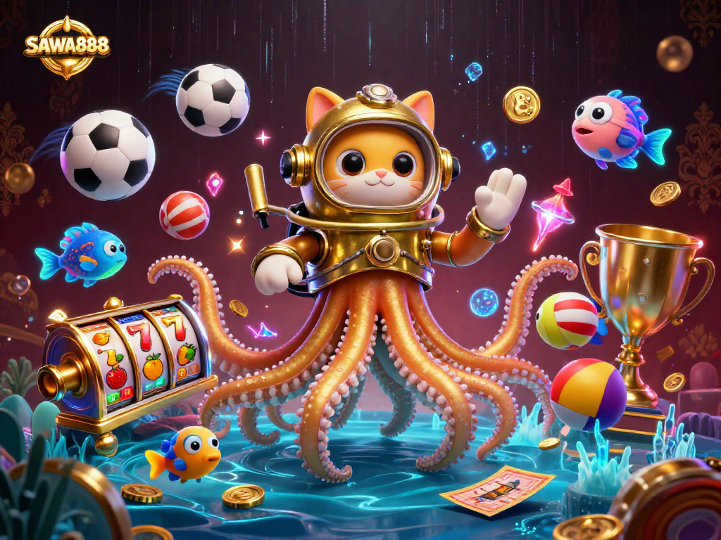 SAWA888 features a dynamic scene with a kraken, diving cat, and vibrant slot elements.
