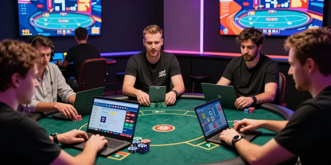 Dewapoker, suasana bermain poker online dengan pemain fokus pada layar dan keripik poker berwarna.
