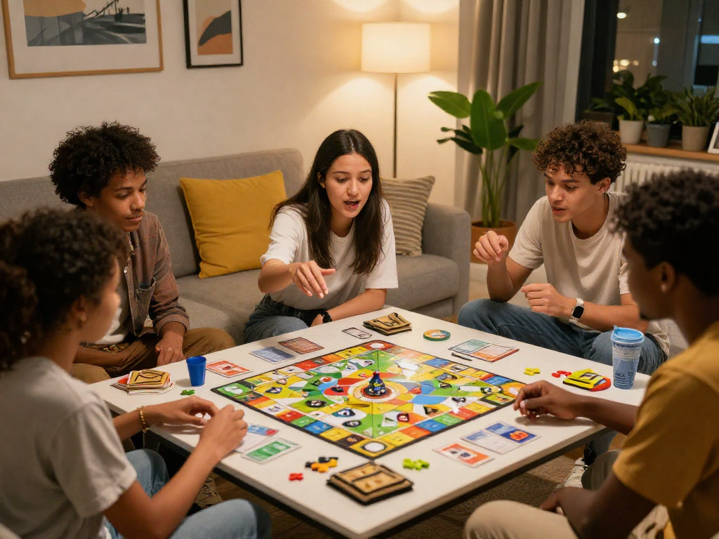 Group of friends enjoying a game night, showcasing Fair play through lively interaction and competition.