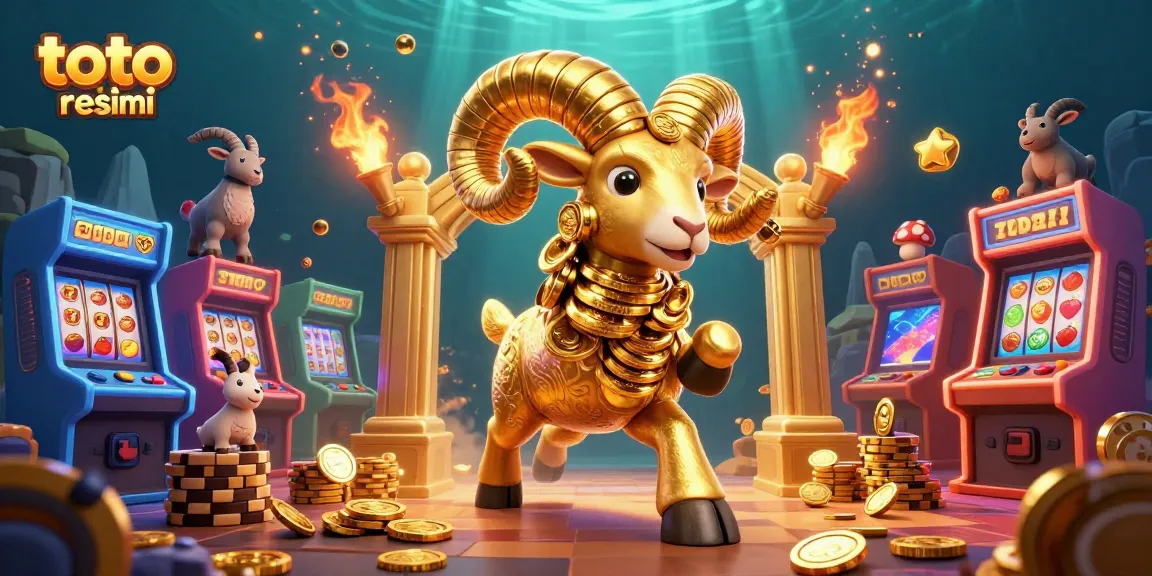 Experience the thrill of toto slot resmi with a golden ram at the gates of jackpots, surrounded by vibrant game elements.