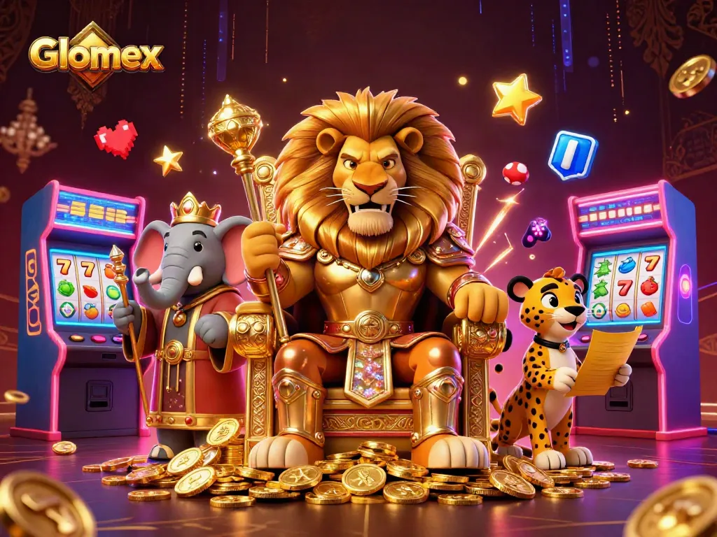 Engage with Glomex in a vibrant casino scene featuring a lion king, elephant, and cheetah amidst dynamic slot reels