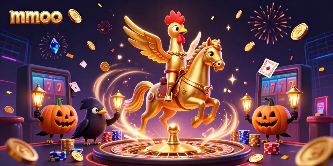 Engage with mmoo in a vibrant casino scene filled with golden coins, cards, and festive lights.