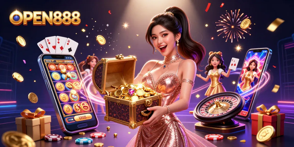 Experience the thrill of winning at OPEN888 with treasure chests bursting with coins and colorful slot games.