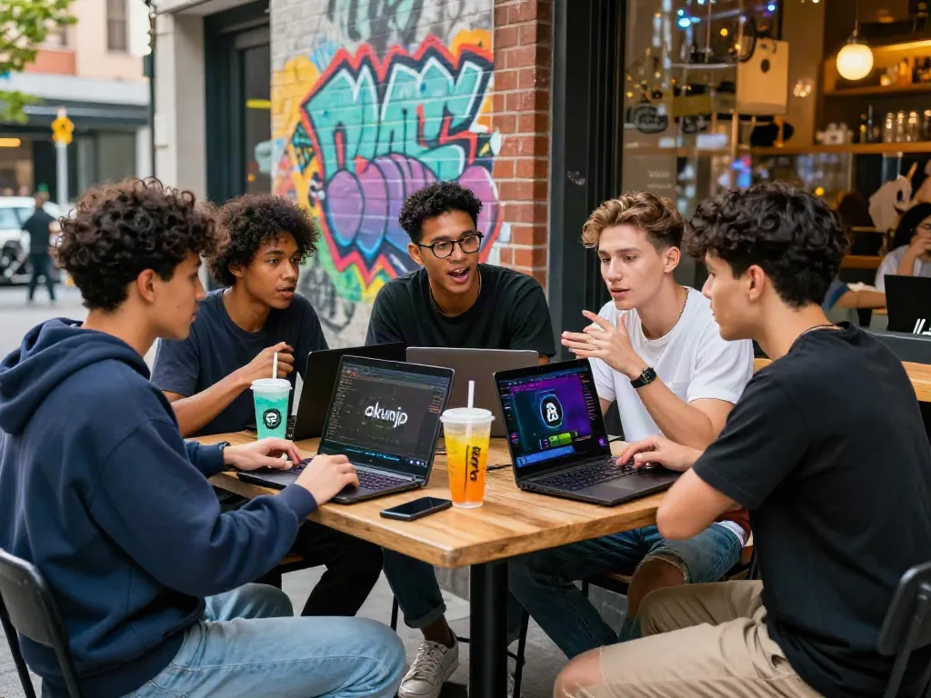 Group of friends excitedly discussing akunjp strategies at a trendy cafe.