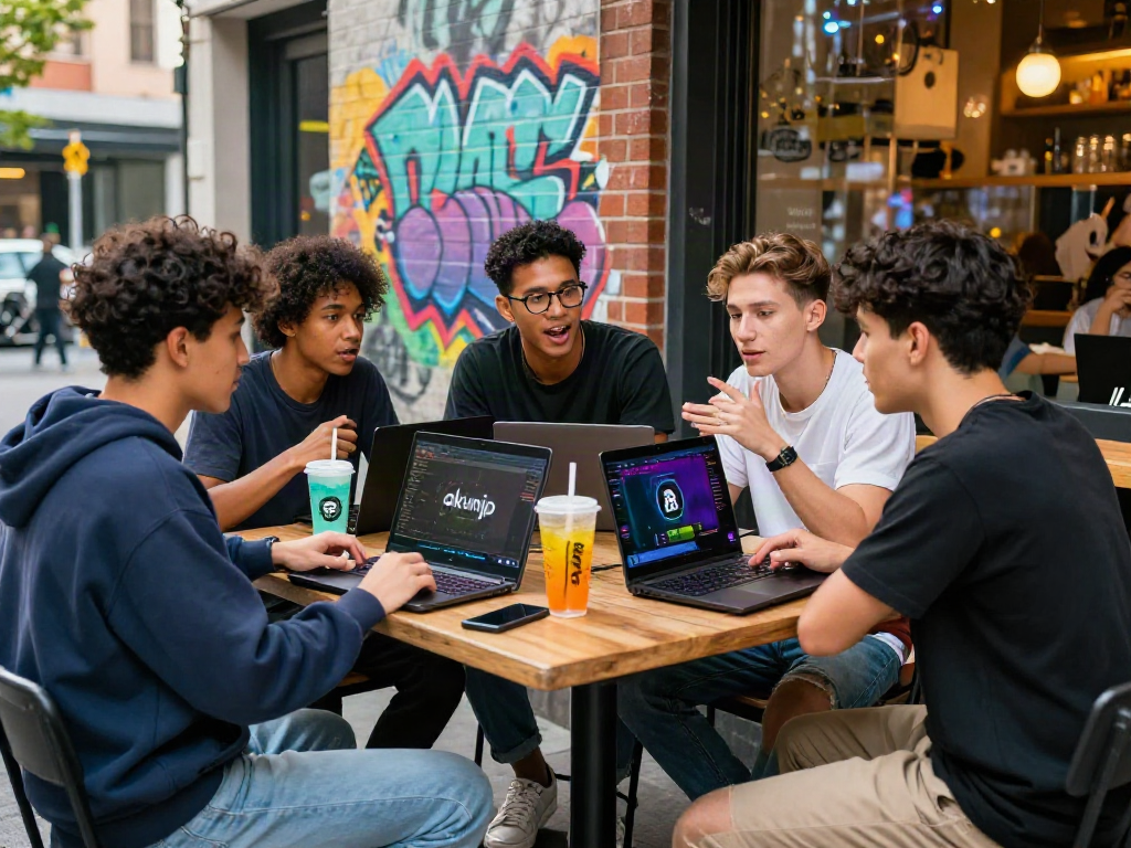 Group of friends excitedly discussing akunjp strategies at a trendy cafe.