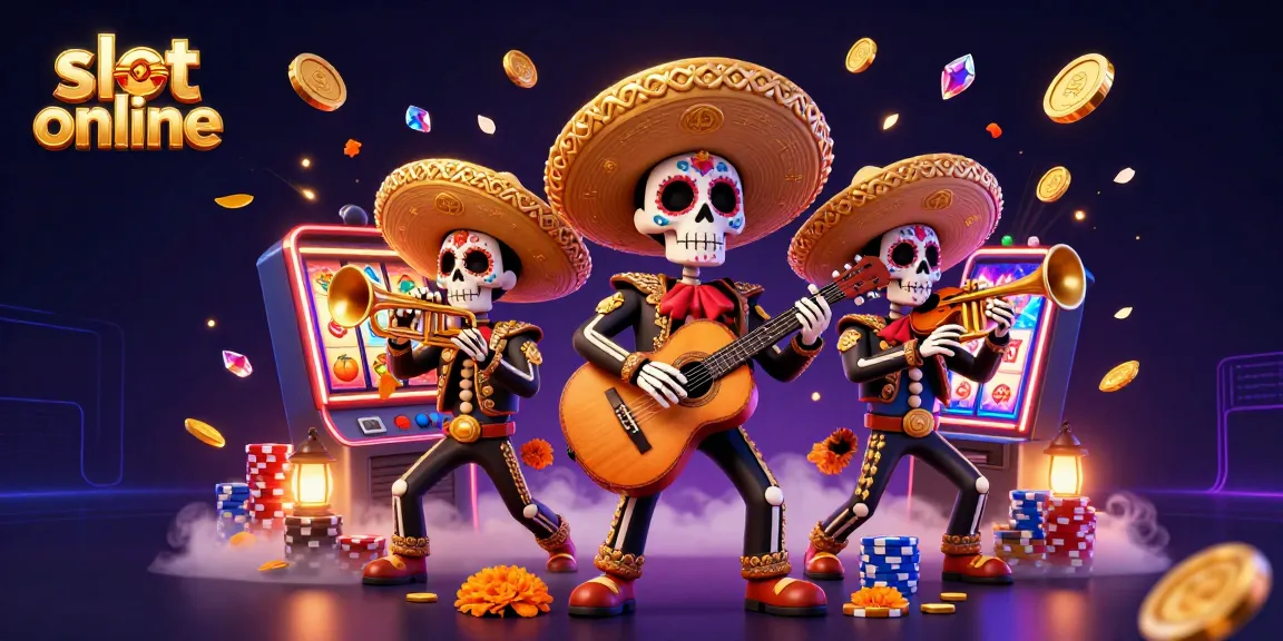 Spin slot online reels with a vibrant mariachi band amidst coins and sparkling gems.