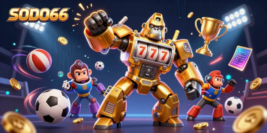 Experience the excitement at SODO66 with a golden gorilla mech and dazzling casino elements.