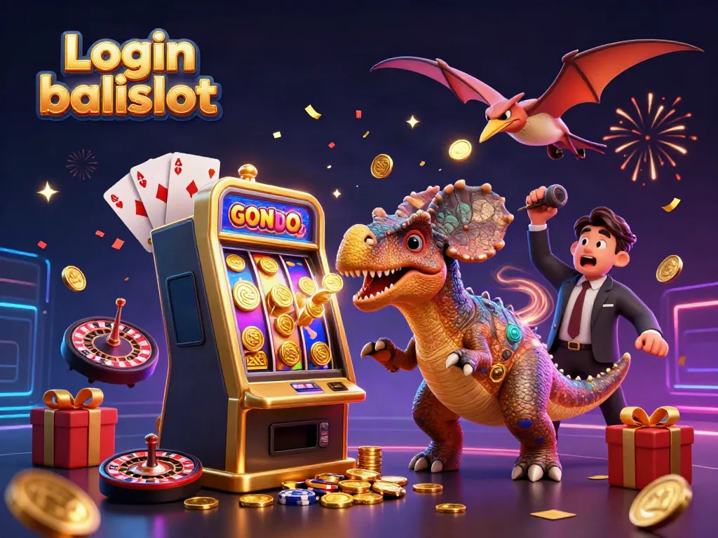 Exciting scene of Login balislot showcasing a dinosaur headbutting a slot machine for big wins amidst falling coins.