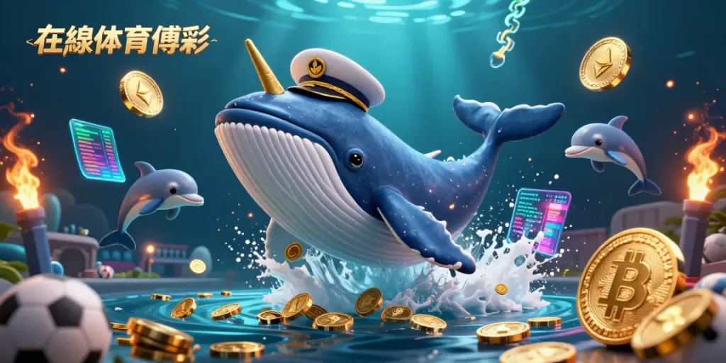 Engaging scene of 在線體育博彩 featuring a cartoon whale and dolphin amidst sports betting elements.