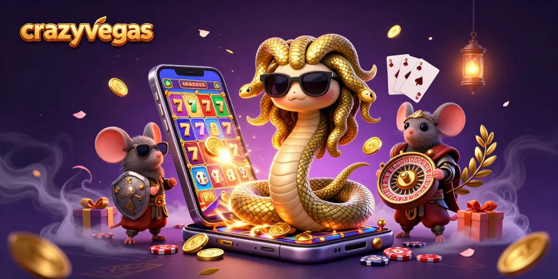 Cute Medusa and a warrior mouse in a vibrant casino scene at crazyvegas, surrounded by slot games and gold.