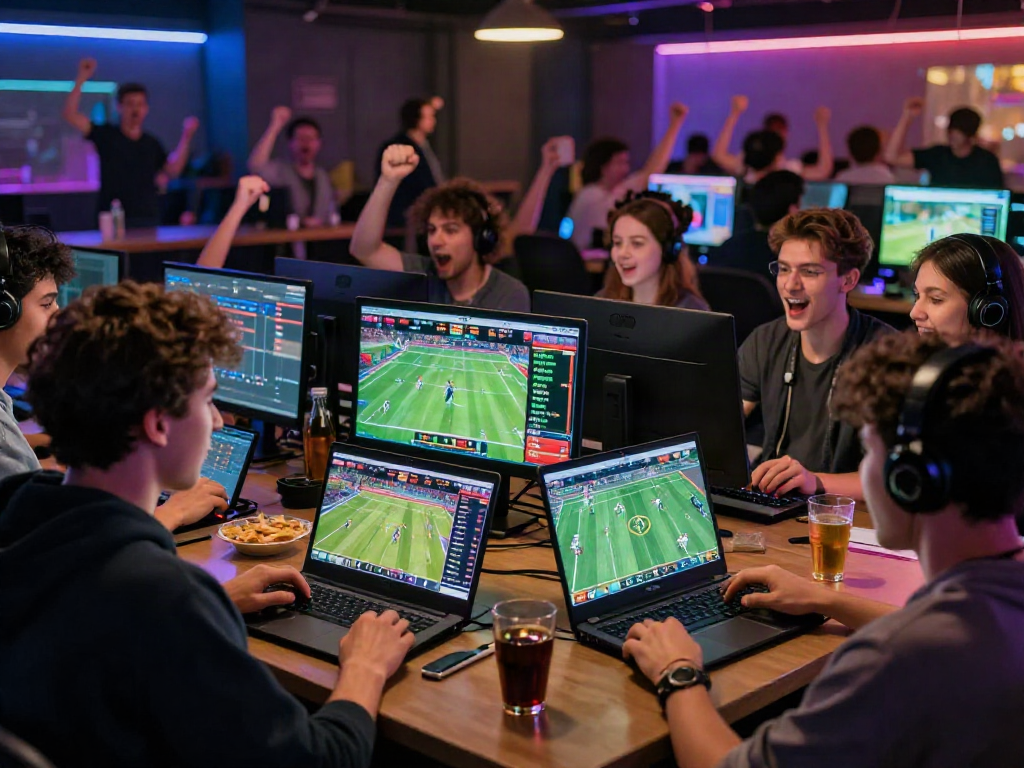 Exciting playin exchange scene with friends betting on sports in a virtual sportsbook environment.