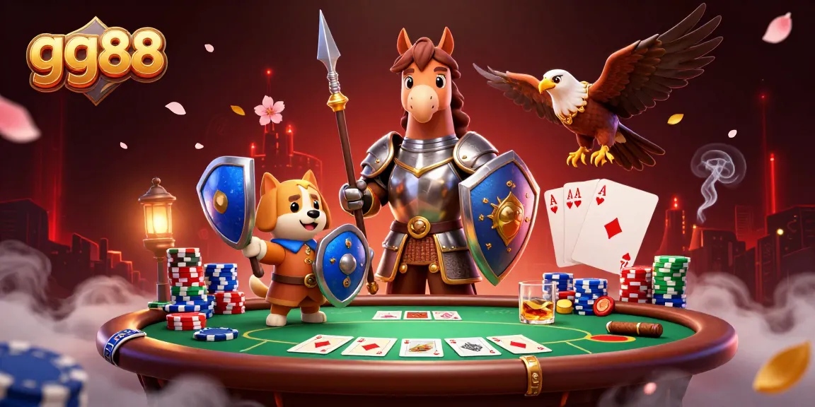 Experience the exciting world of gg88 with a medieval knight, squire puppy, and falcon at a vibrant poker table.