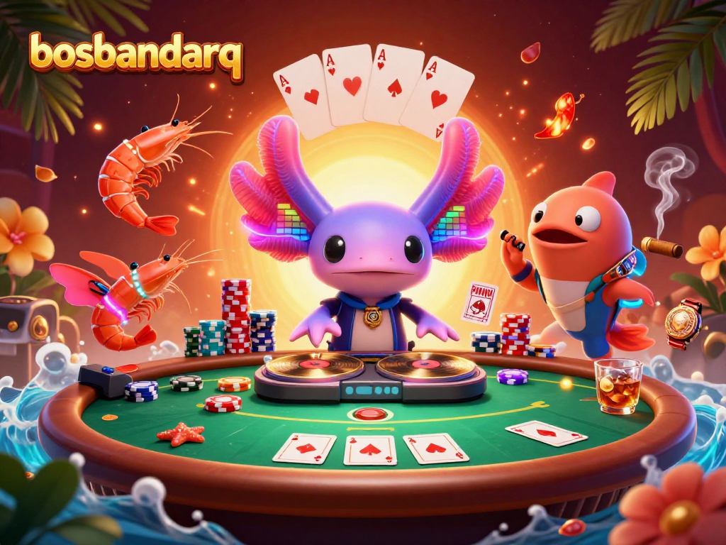 Experience the thrill at bosbandarq with vibrant characters and poker elements in a lively poker scene.