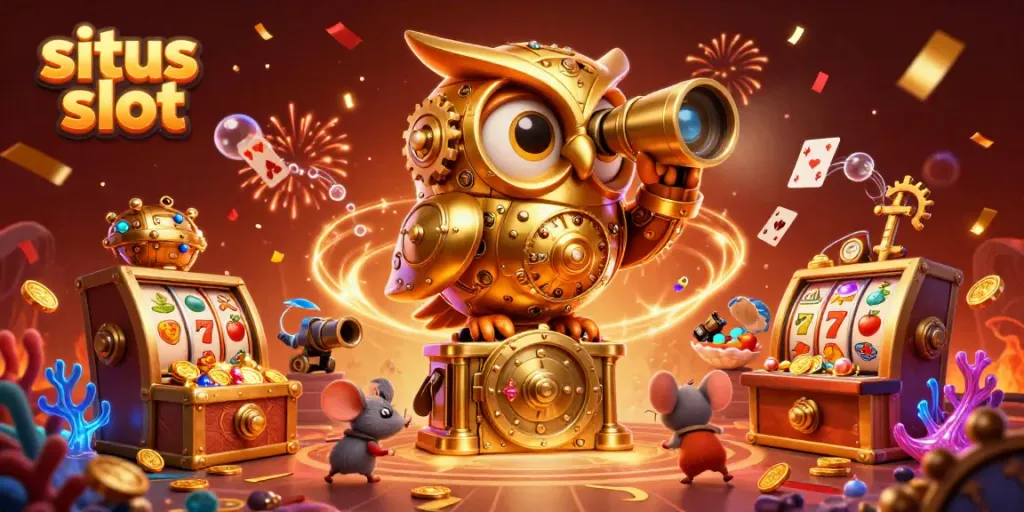 Mengguncang situs slot dengan ilustrasi 3D burung hantu emas berongga dan koin emas yang melimpah.