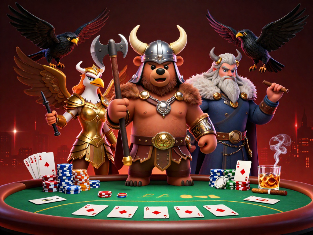 Xoilactv showcases intense poker action, featuring a Viking bear with axes, Valkyrie eagle, and dramatic chip towers.