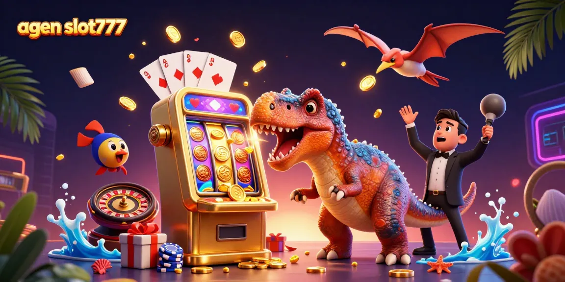 Catch the action at agen slot777 as dinosaurs interact with a golden slot machine and flying coins.