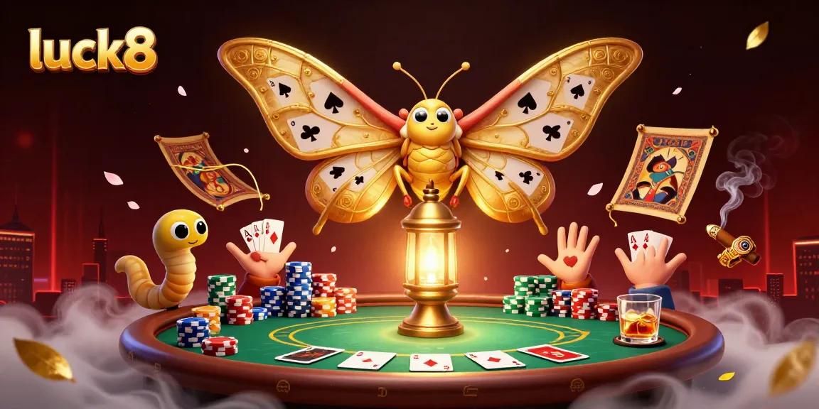 Experience luck8's vibrant casino world as a luxurious atlas moth and poker elements shine.