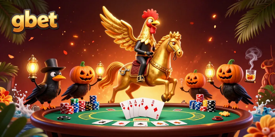 Engage with gbet’s dynamic casino scene featuring a golden rooster, poker chips, and vibrant game elements.