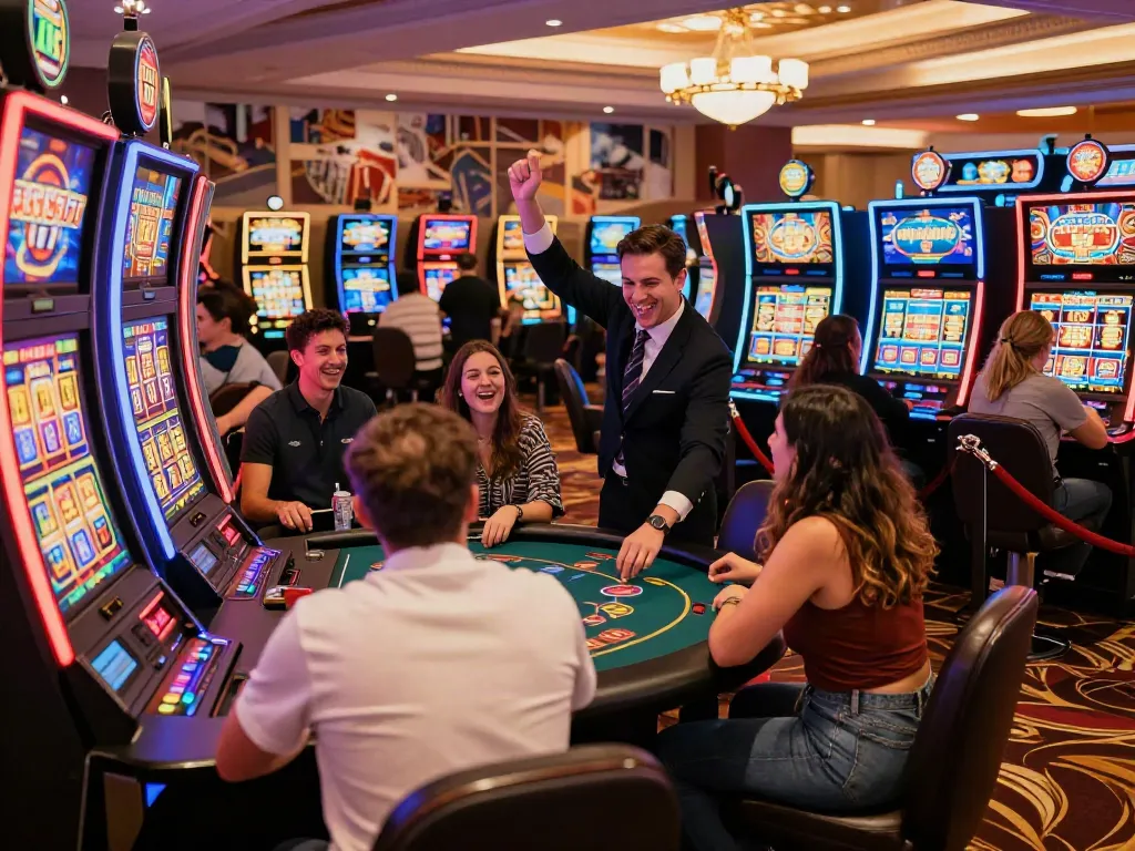 Exciting casino gaming floor showcasing Lucky777 slot machines and players.