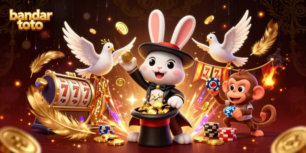 Gambaran bandar toto menarik dengan kelinci penyihir, merpati anggun, dan monyet nakal dianimasikan di meriahkan dengan koin emas dan simbol slot 4D.