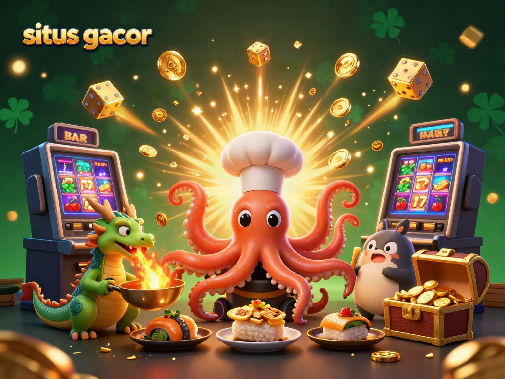 Situs gacor scene featuring a sushi chef octopus, dragon, and tanuki amidst casino game visuals