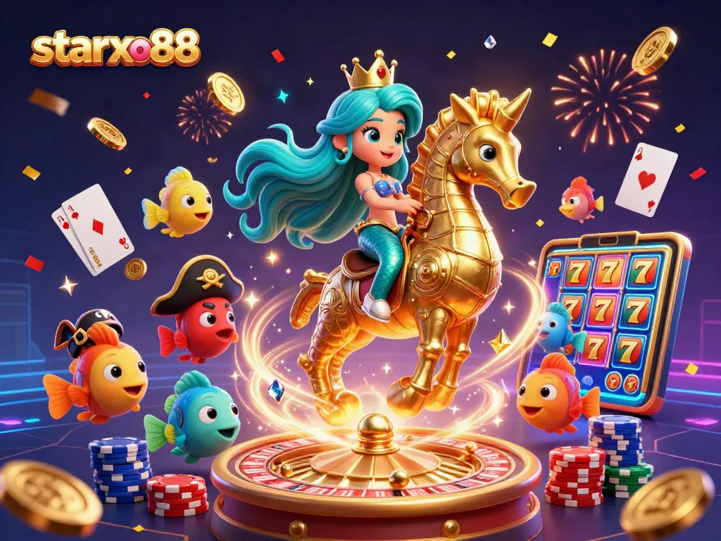 Experience starxo88's exciting online gambling world with a vibrant casino scene featuring a mermaid princess.