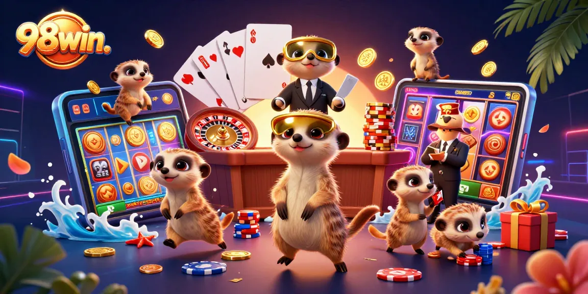 Experience thrilling action at 98win. with a vibrant meerkat casino scene showcasing colorful games and excitement.