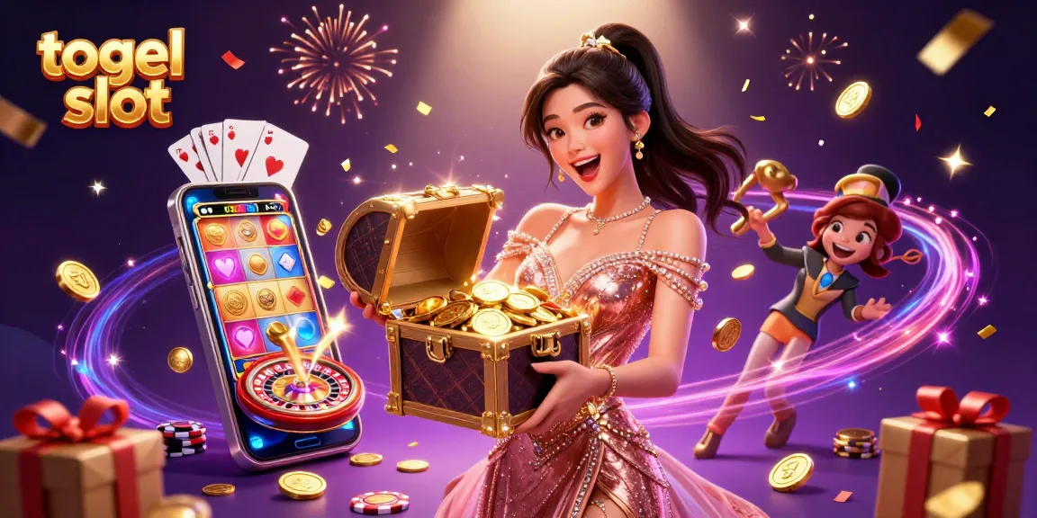 Engage in thrilling togel slot action with a vibrant scene showcasing excitement and treasures.