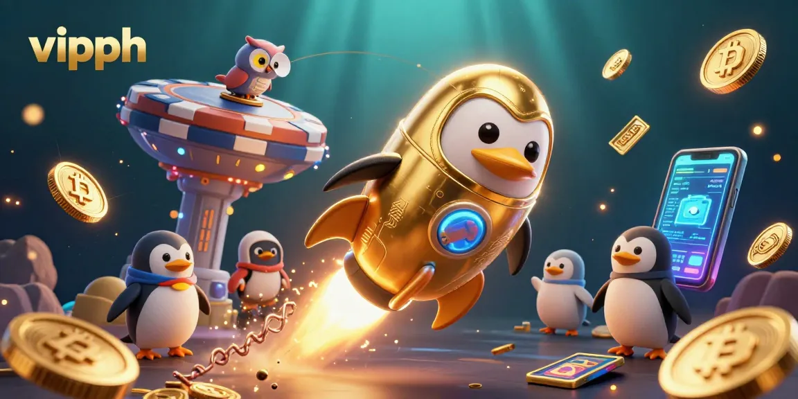 Experience thrilling crypto gaming with vipph featuring a golden penguin rocket soaring towards a vibrant casino cosmos.