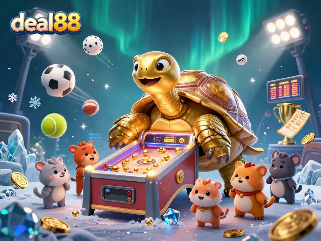 Engage in thrilling gaming adventures with deal88, featuring a vibrant golden tortoise pinball machine in a lively atmosphere.